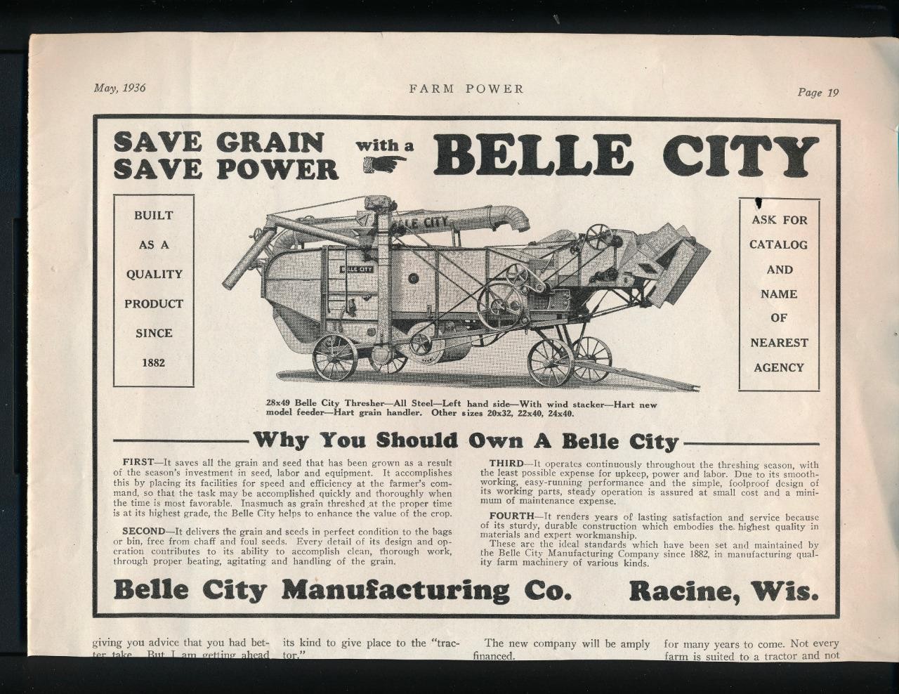 Magazine Ad – 1936 – Belle City Mfg. Co., Racine, WI – Thresher