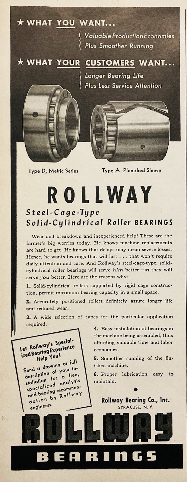 1944 AD.(PC5)~ROLLWAY BEARING CO. SYRACUSE, NY. ROLLWAY TRACTOR ROLLER BEARINGS