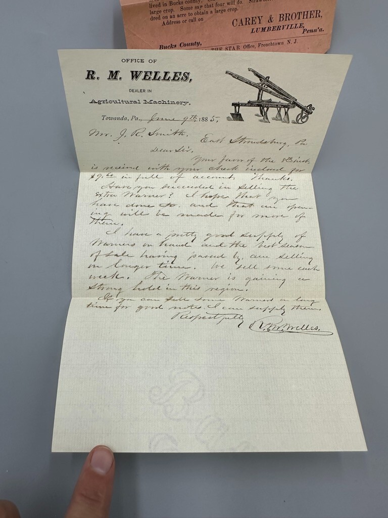 1885 WARNER CULTIVATOR Farm TOWANDA PA Postal Cover ACME WHEELBARROW Advertising