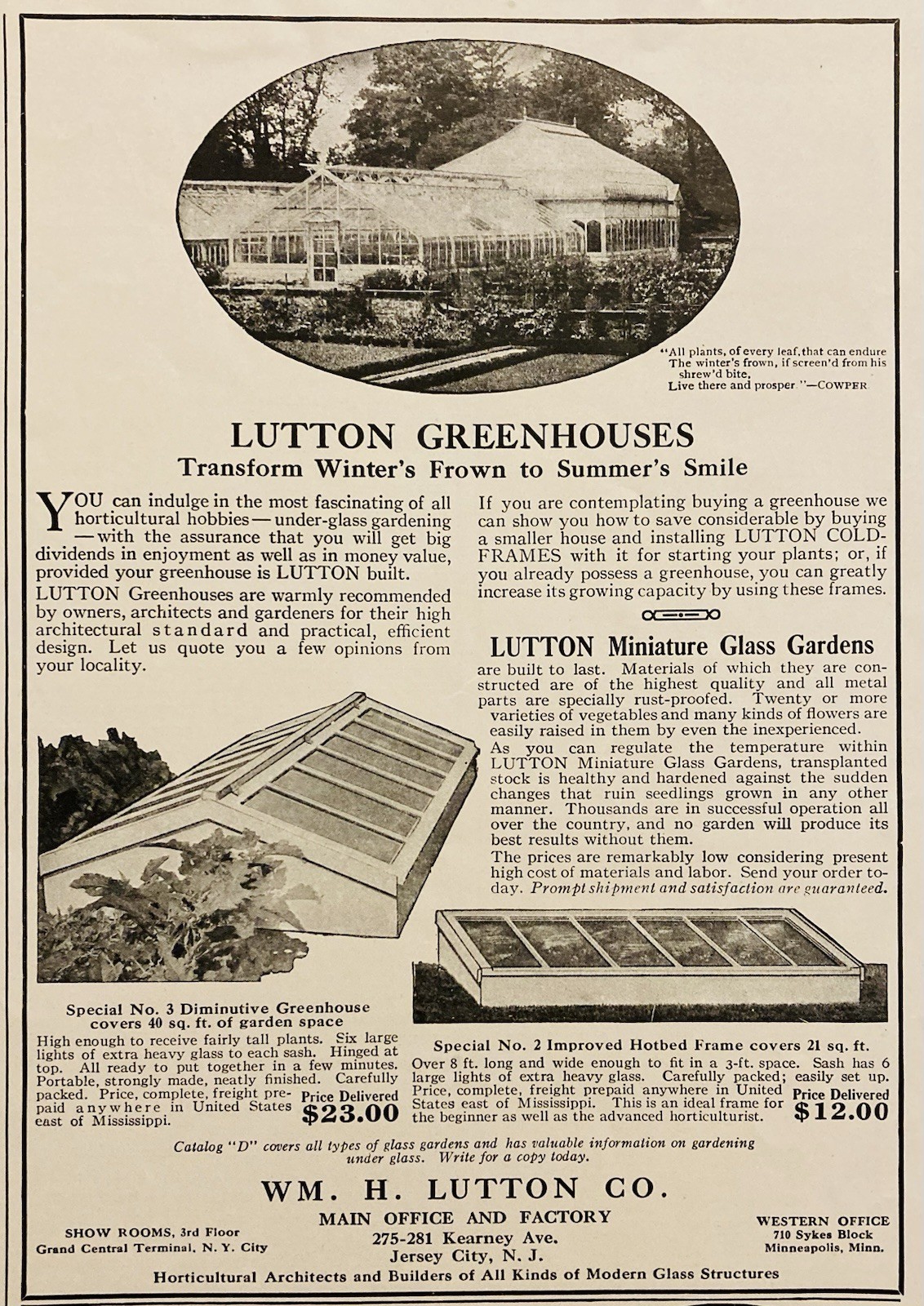 1917 AD.(XH80)~WM. H. LUTTON CO. JERSEY CITY, NJ. LUTTON GREENHOUSES
