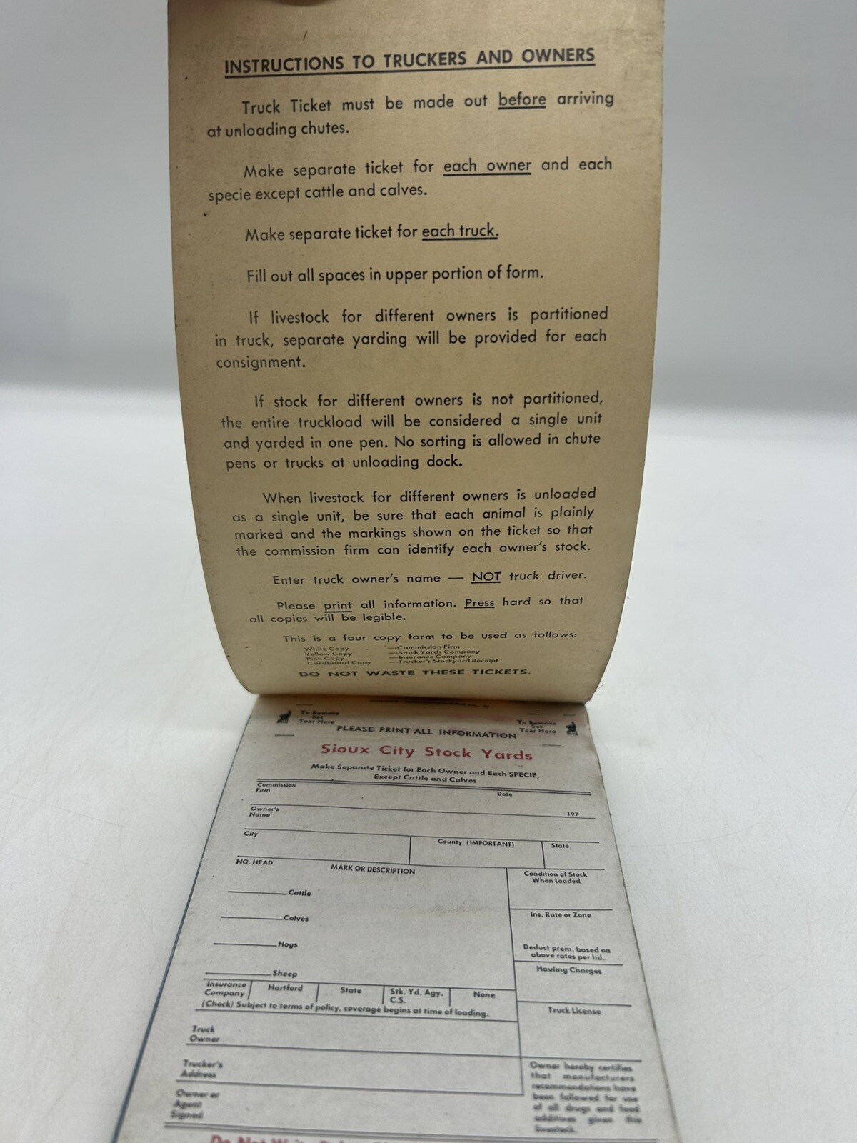 SIOUX CITY STOCK YARD COMMISSION TRUCKER DELIVERY RECEIPT BOOK CARBON COPY