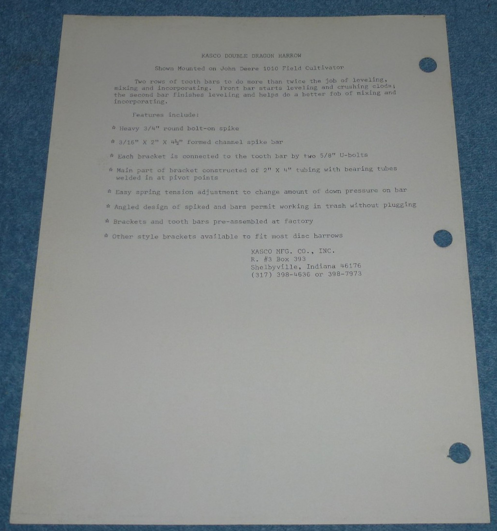 Vintage Kasco Mfg Co Double Dragon Harrow Farm Equipment Brochure Print Sheet