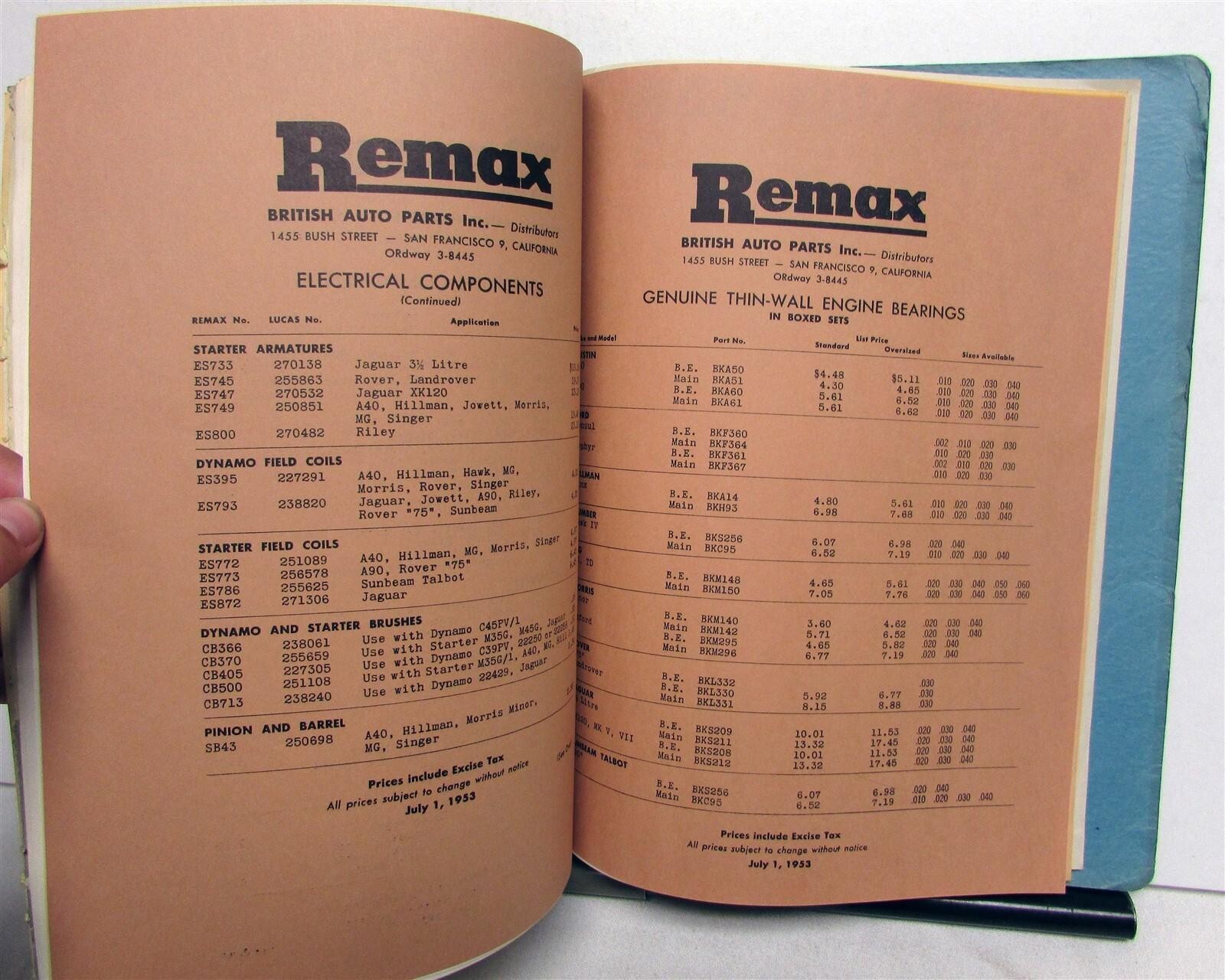 1954 British Auto Parts Bulletins Illustrated Parts & Price List Retail Catalog