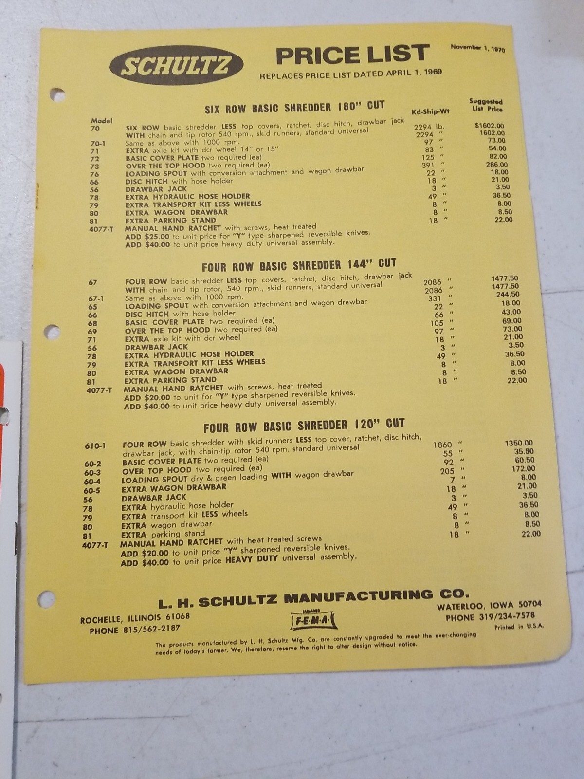 Vintage 1970 L.H. SCHULTZ Mfg Co GENERAL MANURE SHREDDER CHOPPER BROCHURE PRICES
