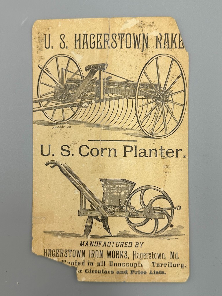 1880s HAGERSTOWN IRON WORKS Victorian FARM Advertising Trade Card MARYLAND
