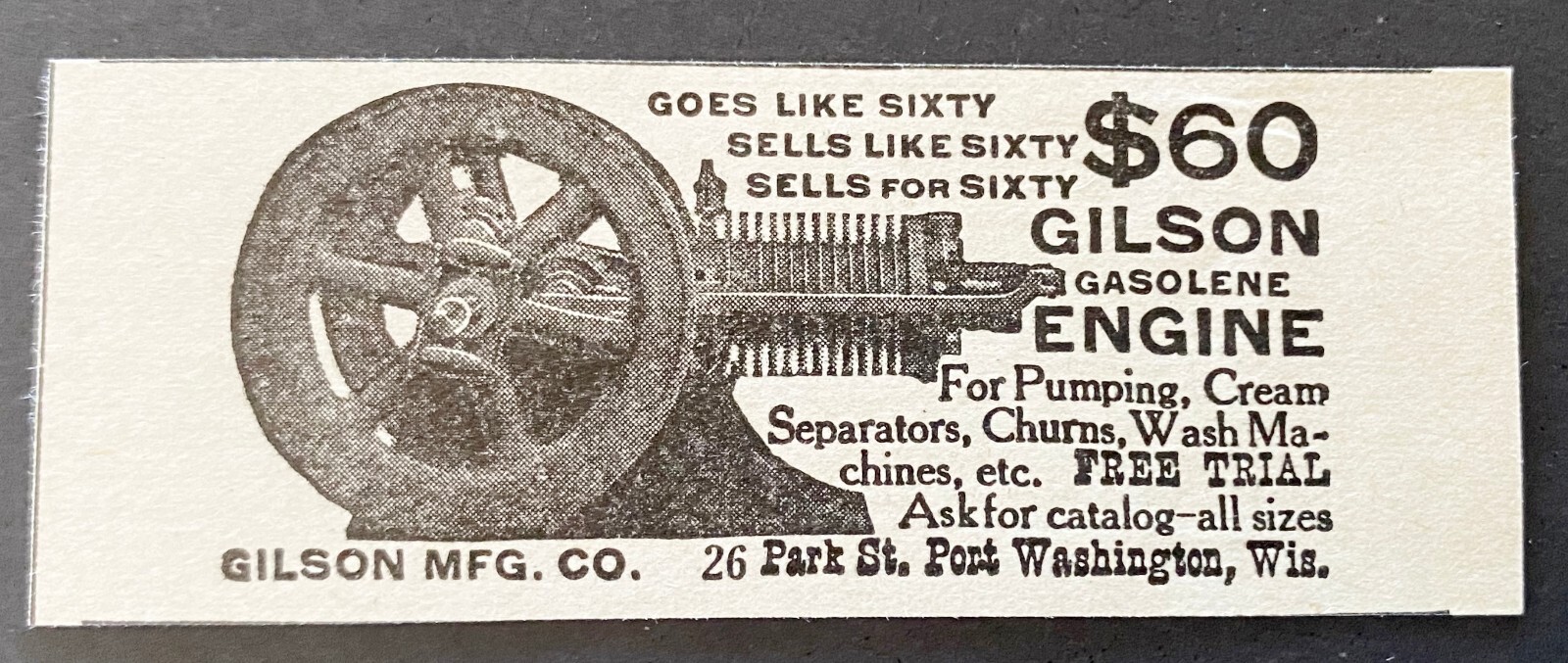 Antique 1910 GILSON MFG CO Vtg Small Farm Gas Engine Print Ad~Port Washington,WI