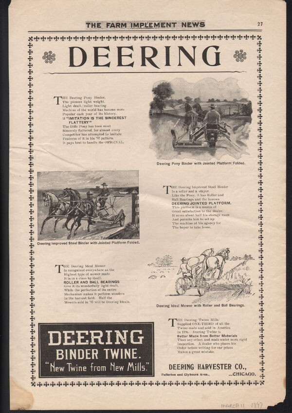 1897 DEERING BINDER FARM TWINE PONY MOWER FIELD HARVEST HORSE IMPLEMENT 20503