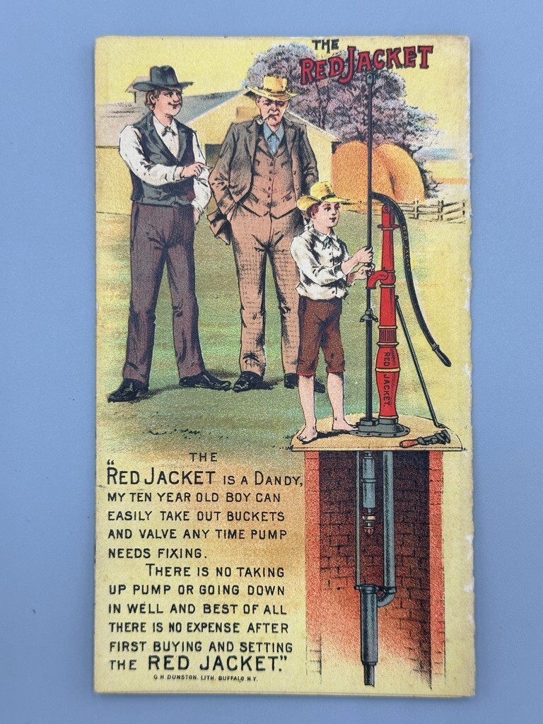 1880s RED JACKET FORCE PUMP Fairbanks Morse Farm Advertise Trade Card DAVENPORT