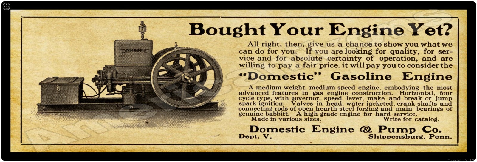 1914 Domestic Engine & Pump Co. New Metal Sign, 12&Prime; x 36&Prime; USA STEEL XL Size – 4#