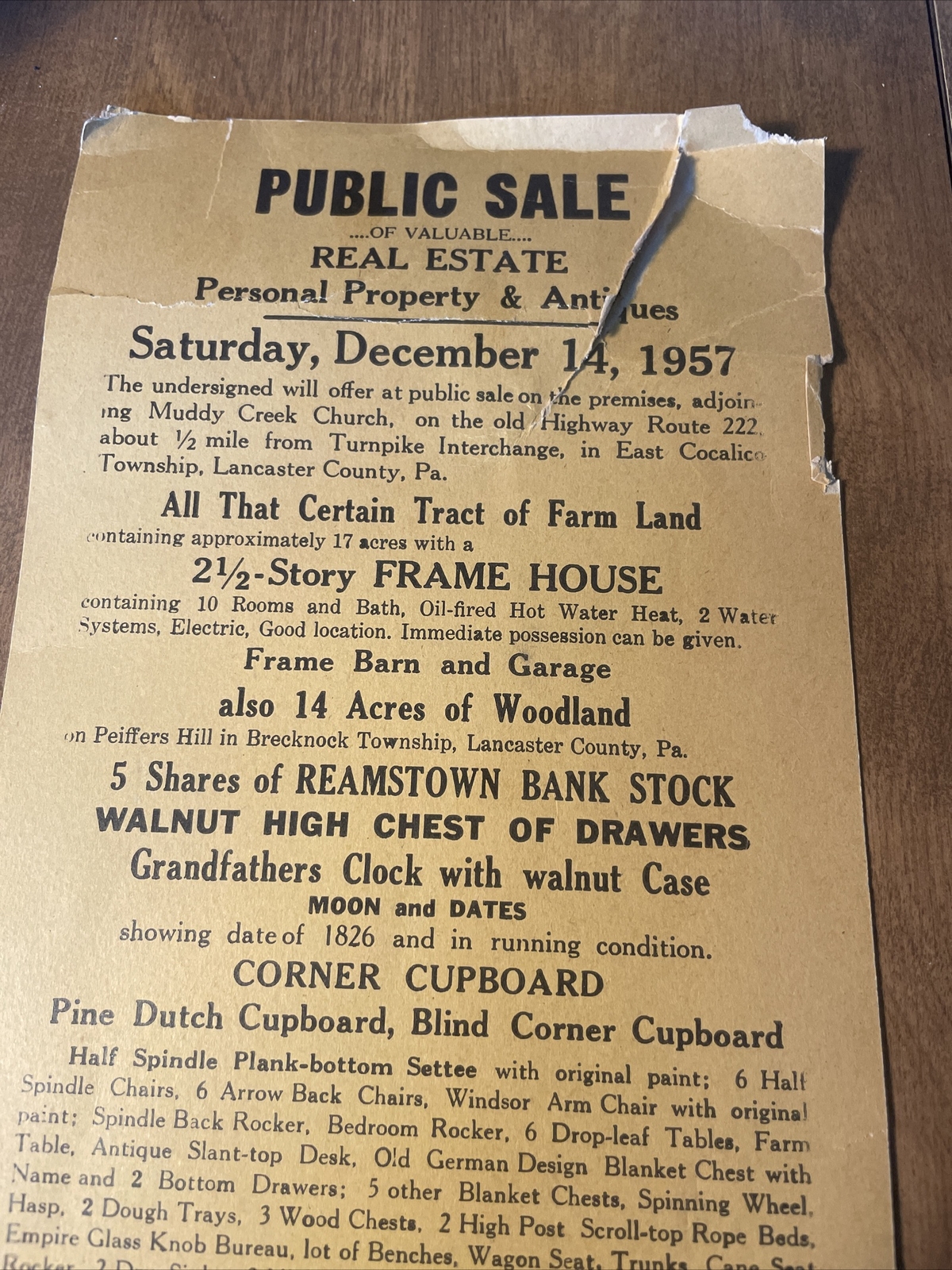 Public Sale Broadside Auction 1957 Bill FORD FAIRLANE BANK STOCK MORE