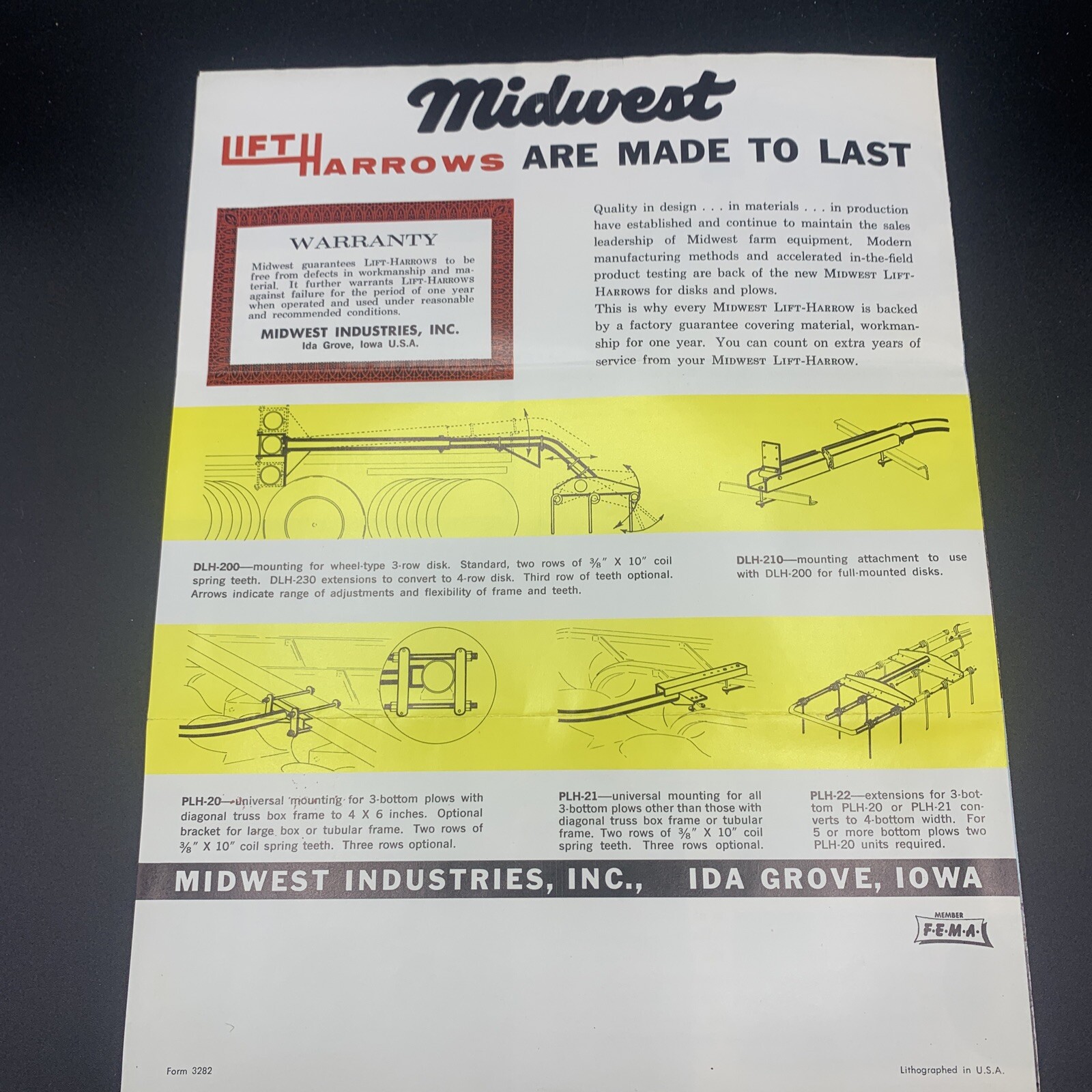 1964 Midwest Industries Lift Harrow Sales Brochure & Price List Ida Grove Iowa