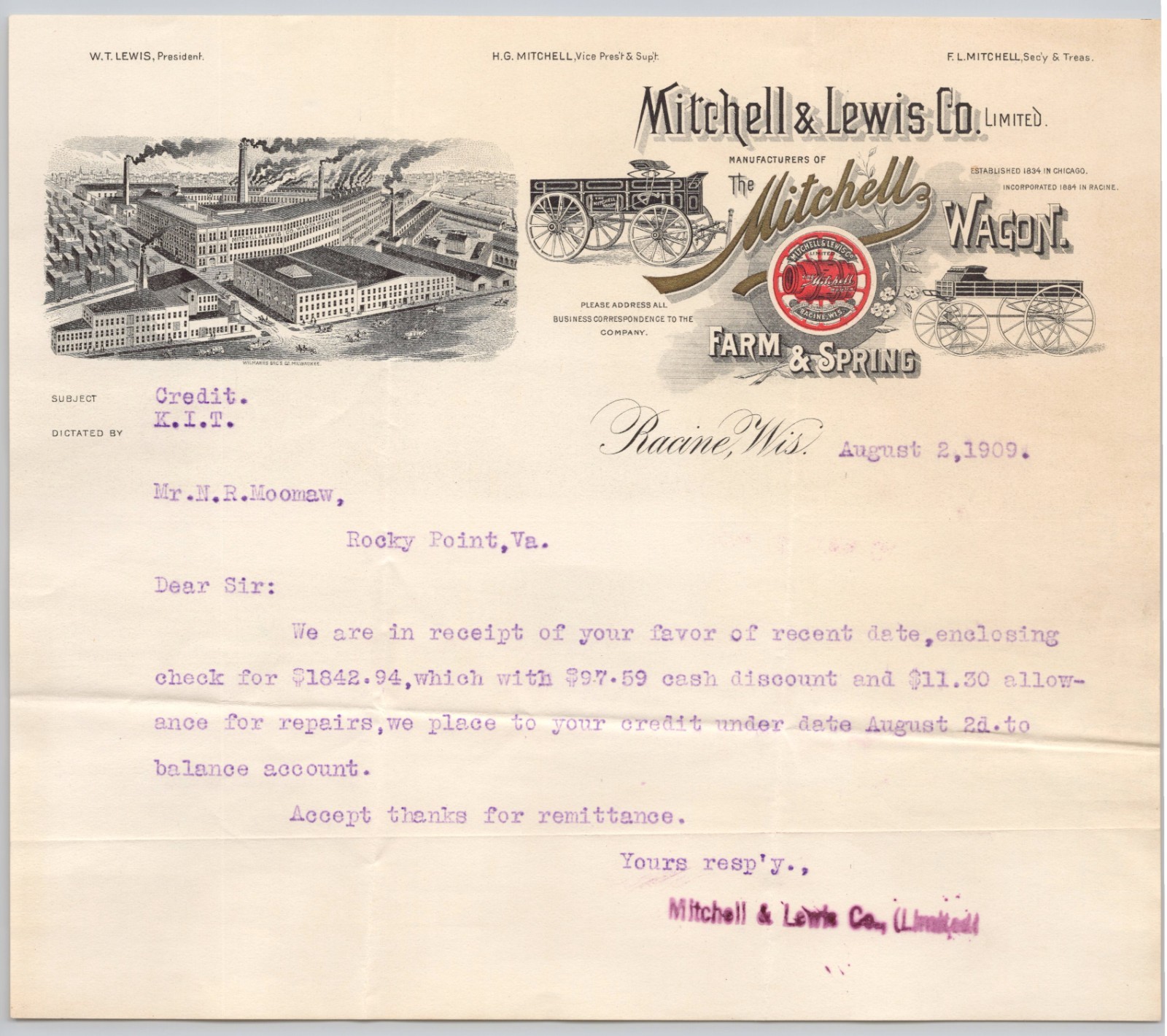1909 Mitchell & Lewis Wagon Manufacturer Racine WI Color Letterhead BH1-64
