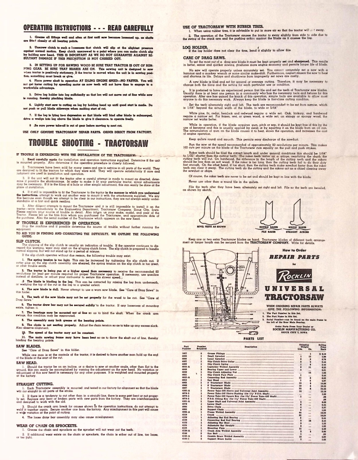 Rocklin Manufacturing Universal Tractor Saw Installation Operation instructions