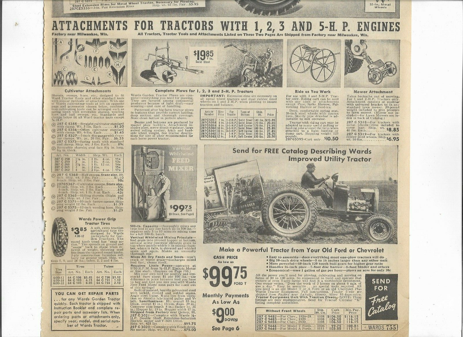 1938 Wards Catalog Ad Page Farm Tractor 3 & 5 H.P. Engine Plow Mower Disc Ford