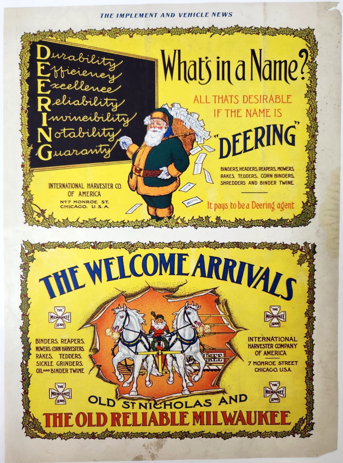Milwaukee Deering Int Harvester Farming Santa Equipment 1903 Magazine Print Ad
