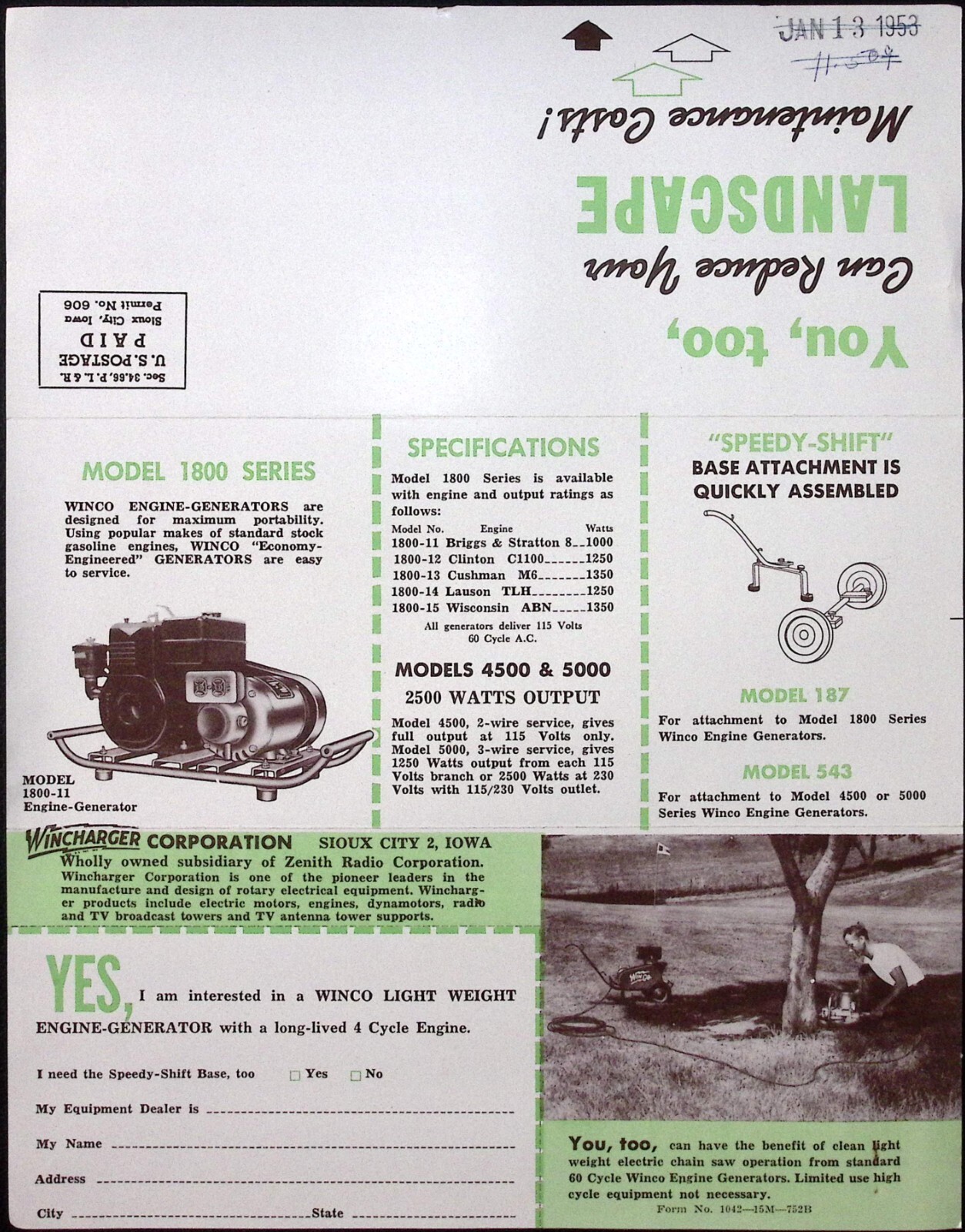 1957 Winco Speedy Shift Portable Engine Generators Wincharger Corp Sioux City IA