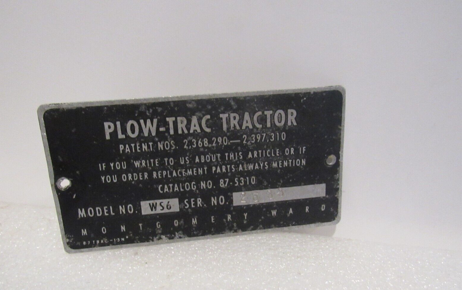 Vintage Montgomery Wards Plow-Trac Tractor Metal Model and Serial No Data Plate