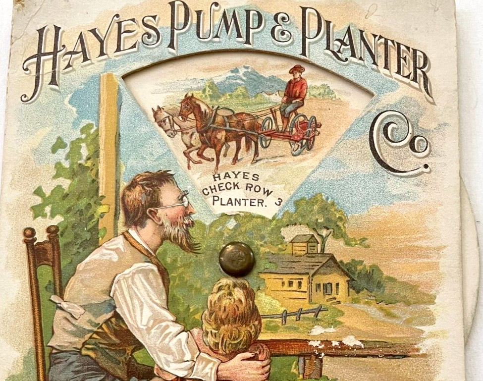 Clever Victorian Trade Card « Hayes Pump & Planter Co. » Wheel Showing Products *