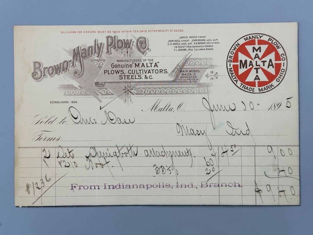 1895 BROWN MANLY PLOW Co FARM Advertising MALTA OHIO Invoice Antique