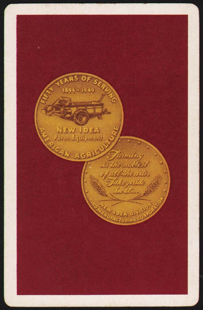 Vintage single playing card NEW IDEA FARM EQUIPMENT maroon dated 1949 spreader