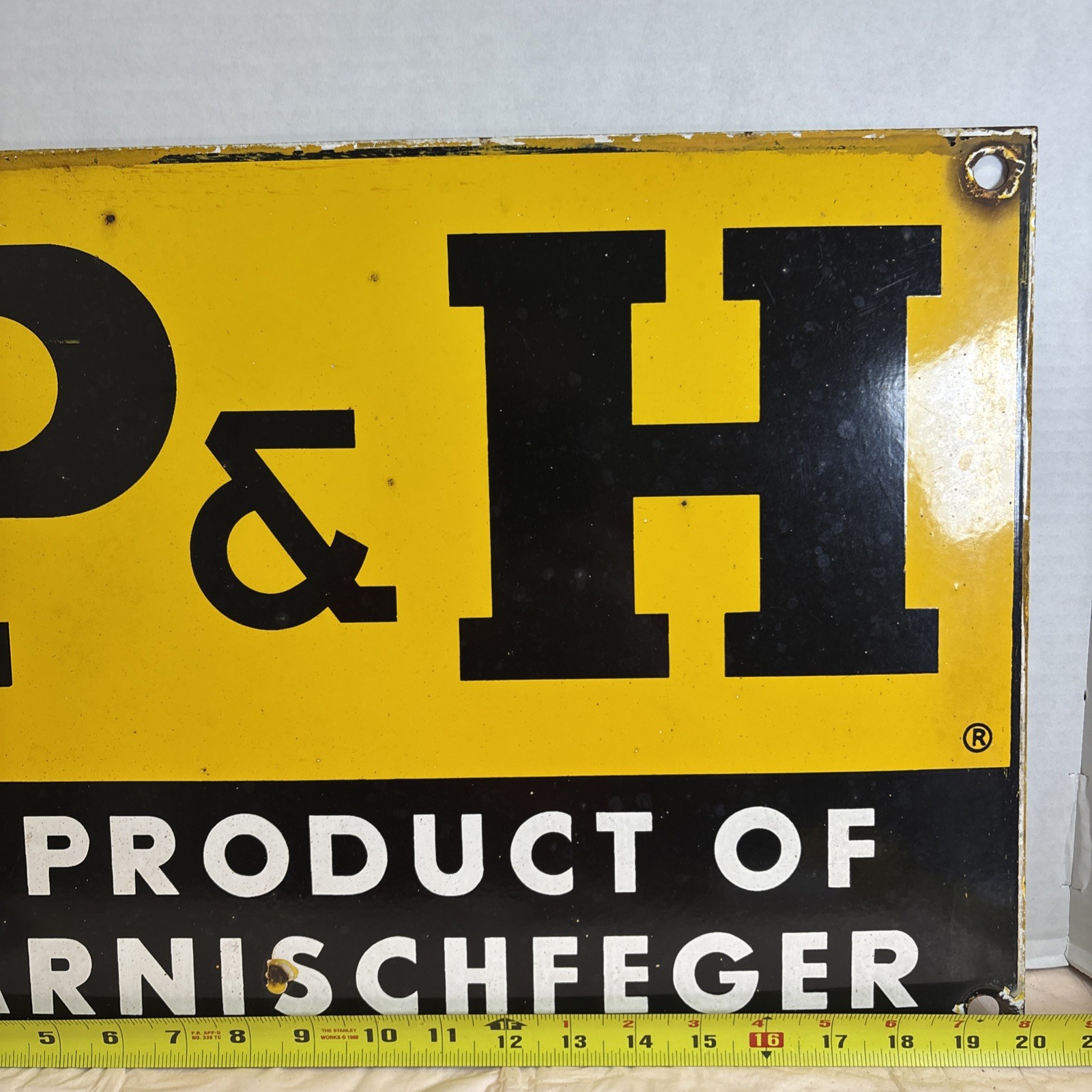 Vintage P&H Harnischfeger Metal Sign 20×14 Industrial Yellow