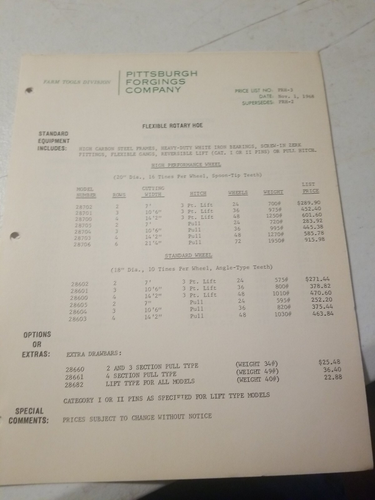1970 PITTSBURGH FORGINGS CO. Farm Tool Division Master Parts List &PRICE LIST