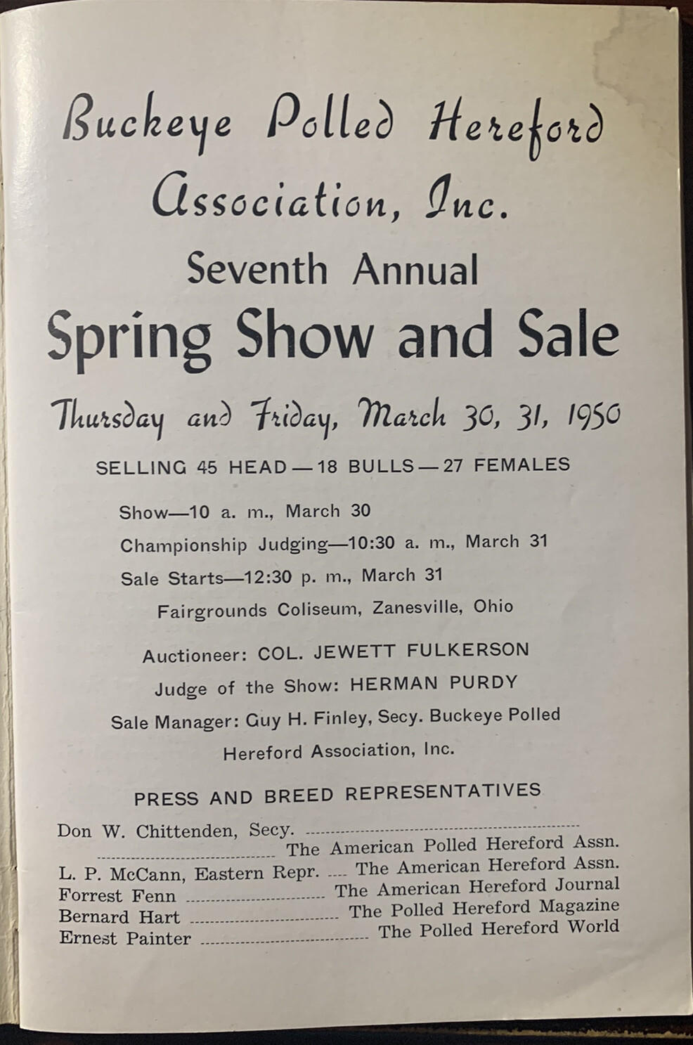 Zanesville Ohio Vintage Buckeye Polled Hereford Assoc Inc Catalog 1950