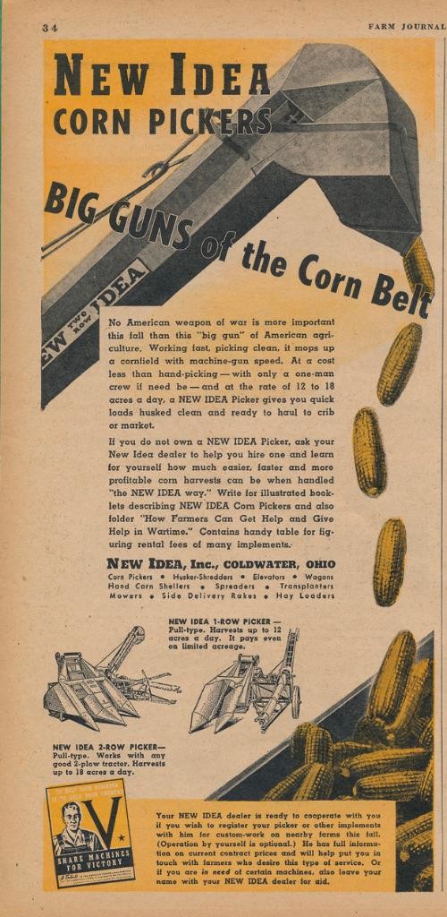 Magazine Ad – 1943 – New Idea Corn Picker – World War 2
