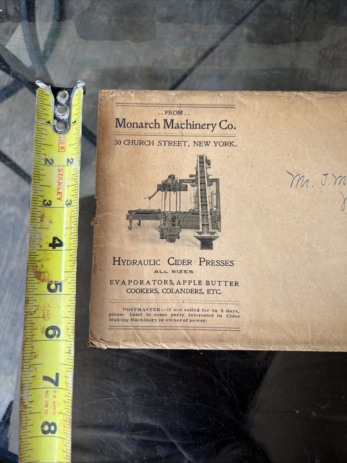 Antique Monarch Hydraulic Apple Cider Press Envelope, Bela Pa. Clarion Co.