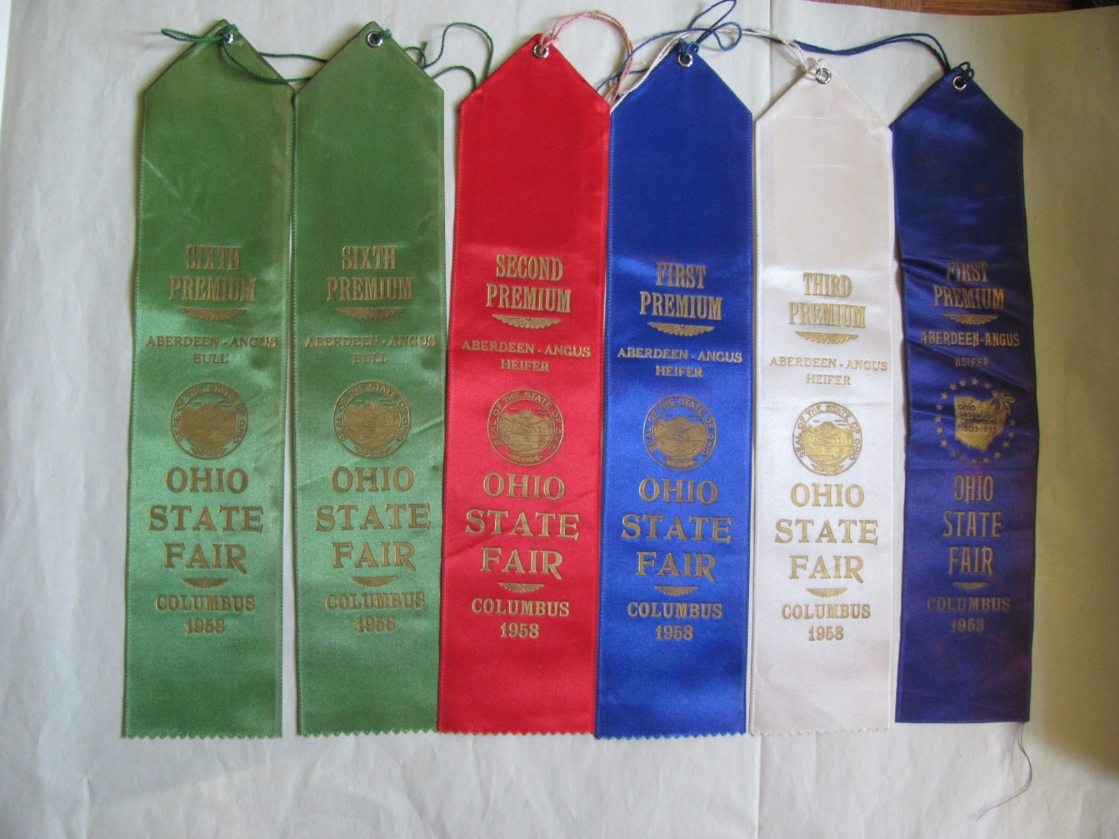 1958 FARM SHOW AWARD ANGUS BEEF CATTLE SET OF 6 RIBBONS OHIO STATE FAIR