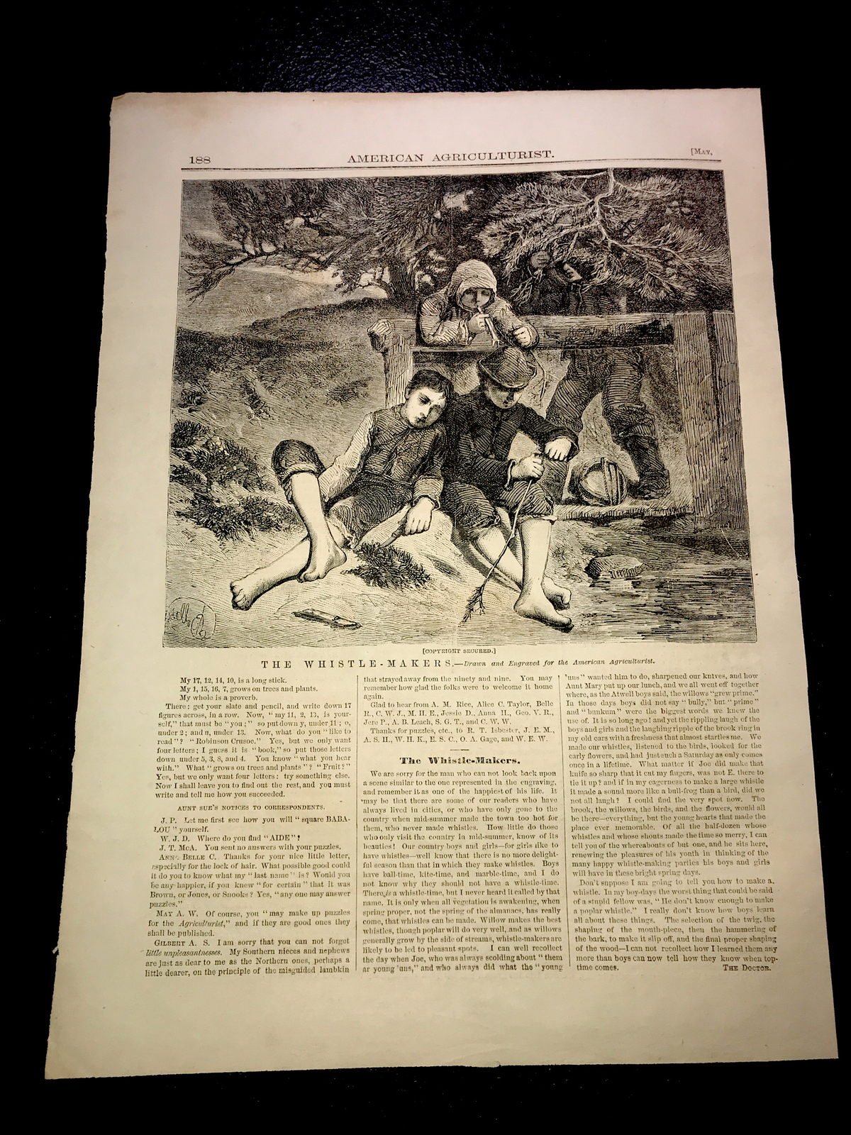 ORIGINAL 1872 THE WHISTLE-MAKERS Engraving Advertising & Article