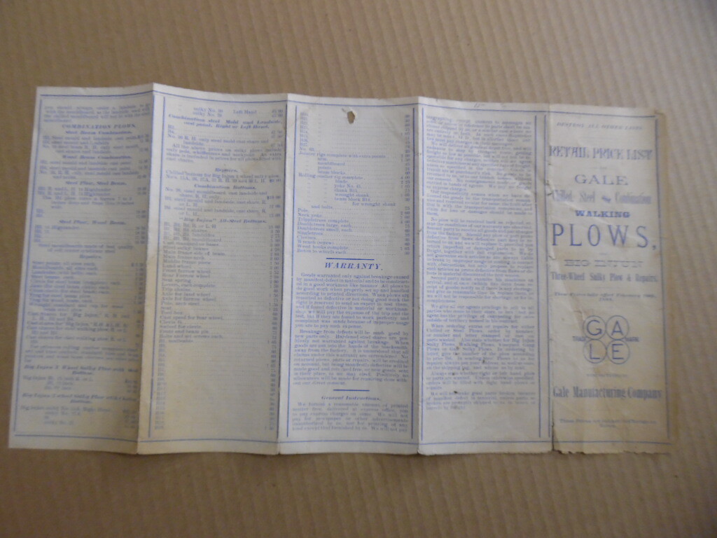1888 Gale Plow Co Retail Price List Big Injun Sulky More Albion Michigan Antique
