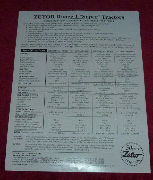 Zetor Super Series Tractors 7341Specifications Brochure