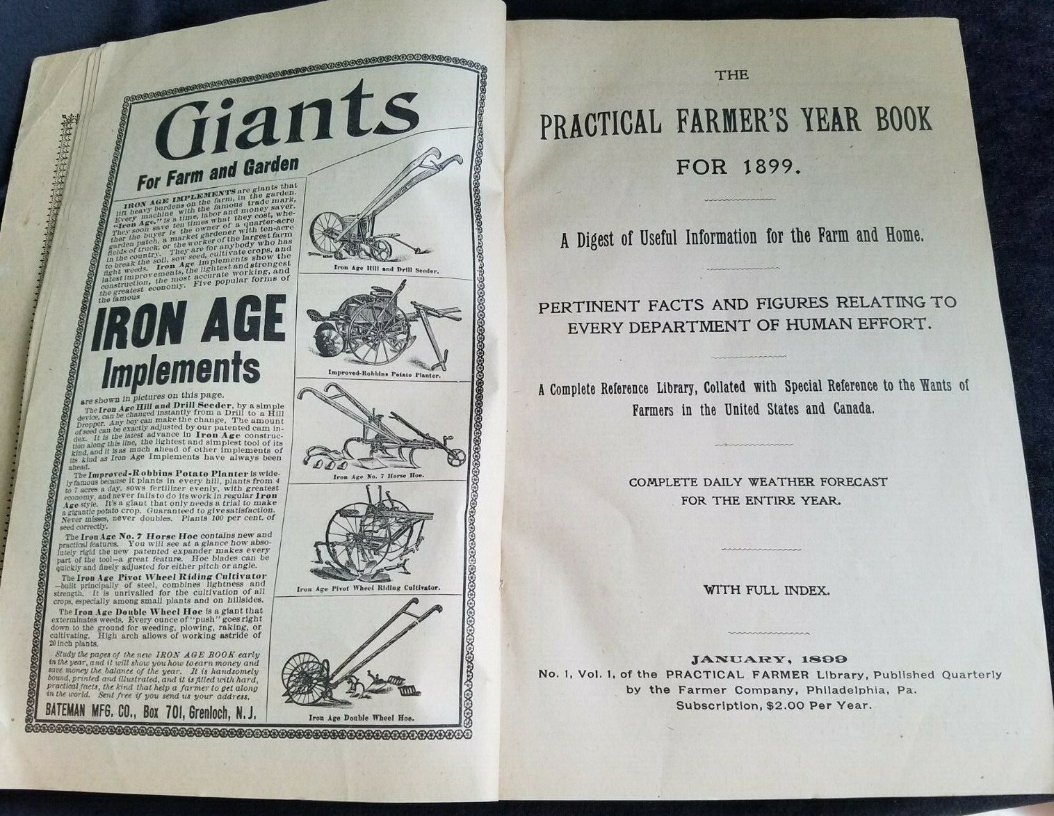 1899 Practical Farmer&rsquo;s Year Book & Almanac Farmer Co Philadelphia Vol 1 No. 1
