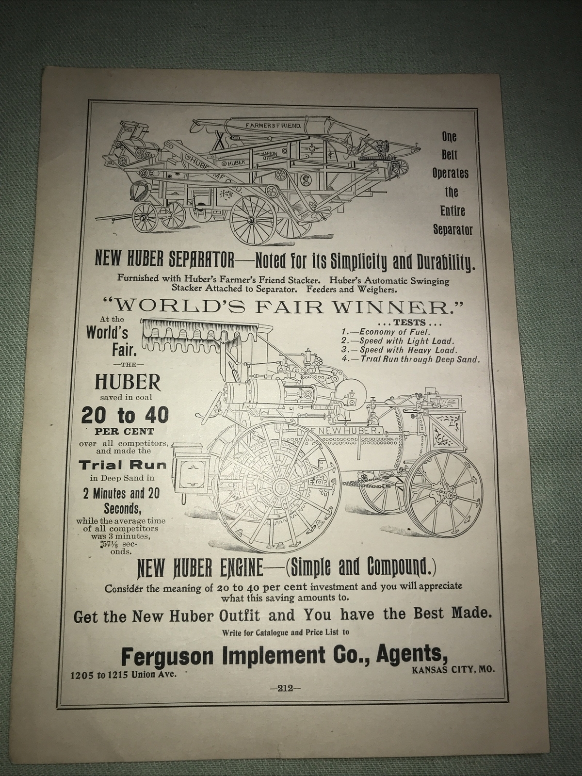 1898 Huber Engine & Separator Farm Advertising – Kansas City – Missouri