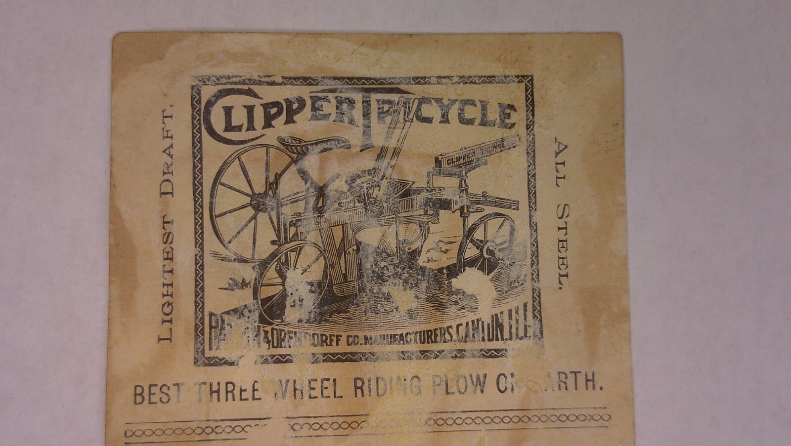 antique Trade Card P & O Plow Co. Canton, Ill. best clipper tricycle plow 6B