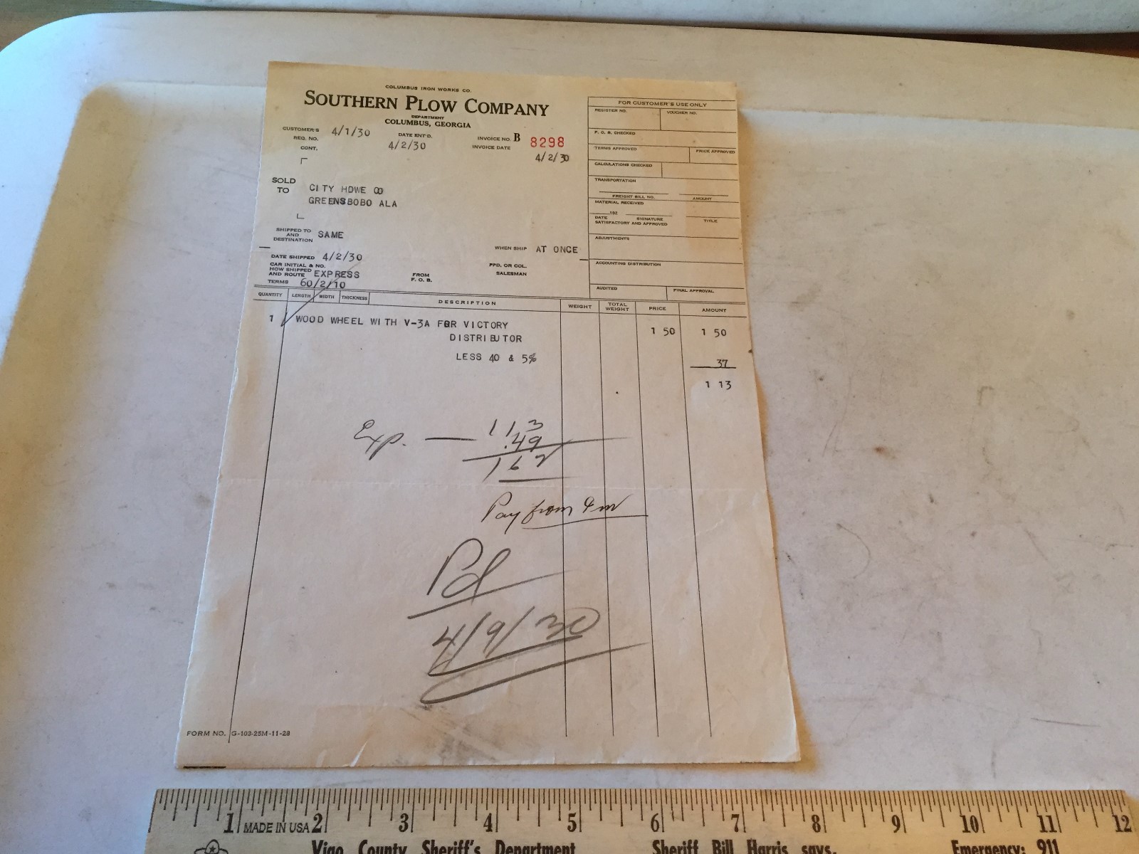1930 SOUTHERN PLOW COMPANY Invoice COLUMBUS GEORGIA