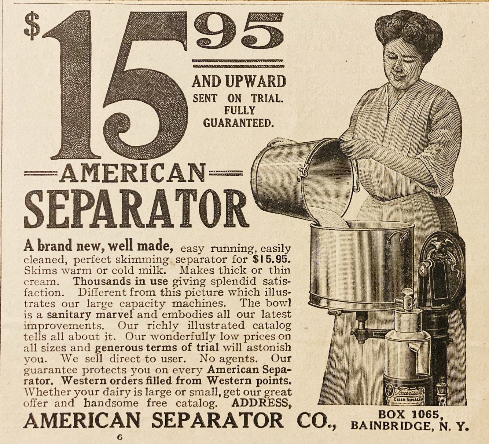 1911 AD.(PC10)~AMERICAN SEPARATOR CO. BAINBRIDGE, NY. AMERICAN CREAM SEPARATOR