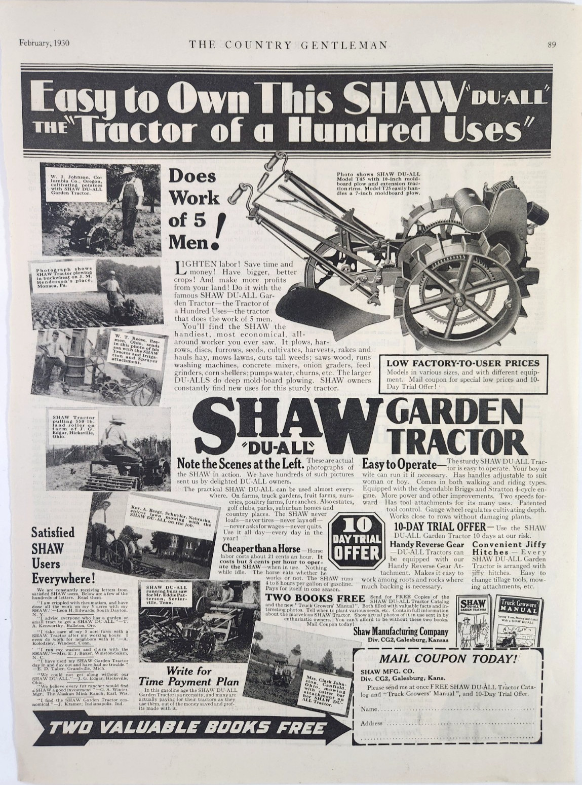 Shaw Du All T45 Garden Tractor Vintage 1930 Ad Magazine Print