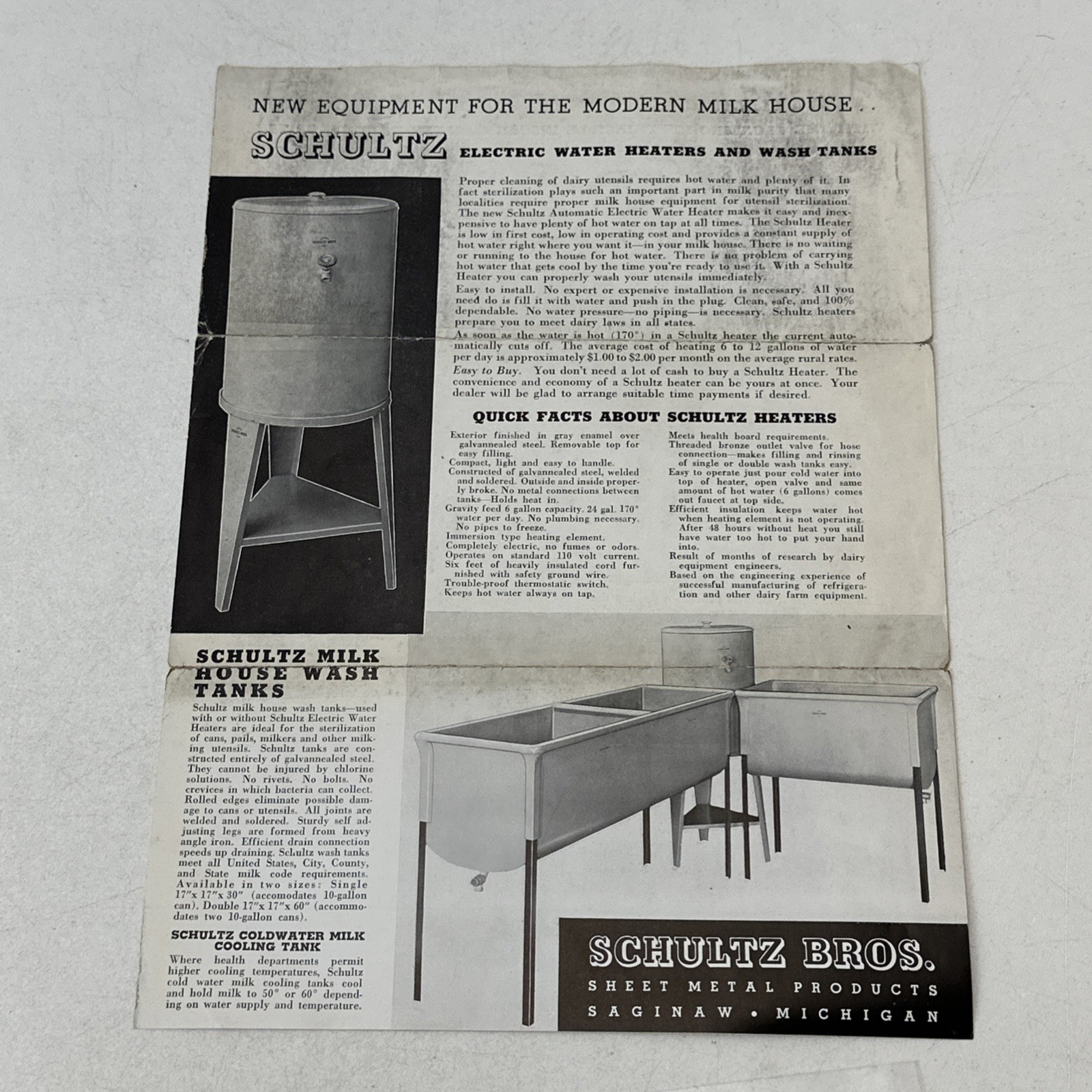 Schultz Bros Sheet Metal Products Paper Ad Saginaw Michigan Milk Cooler