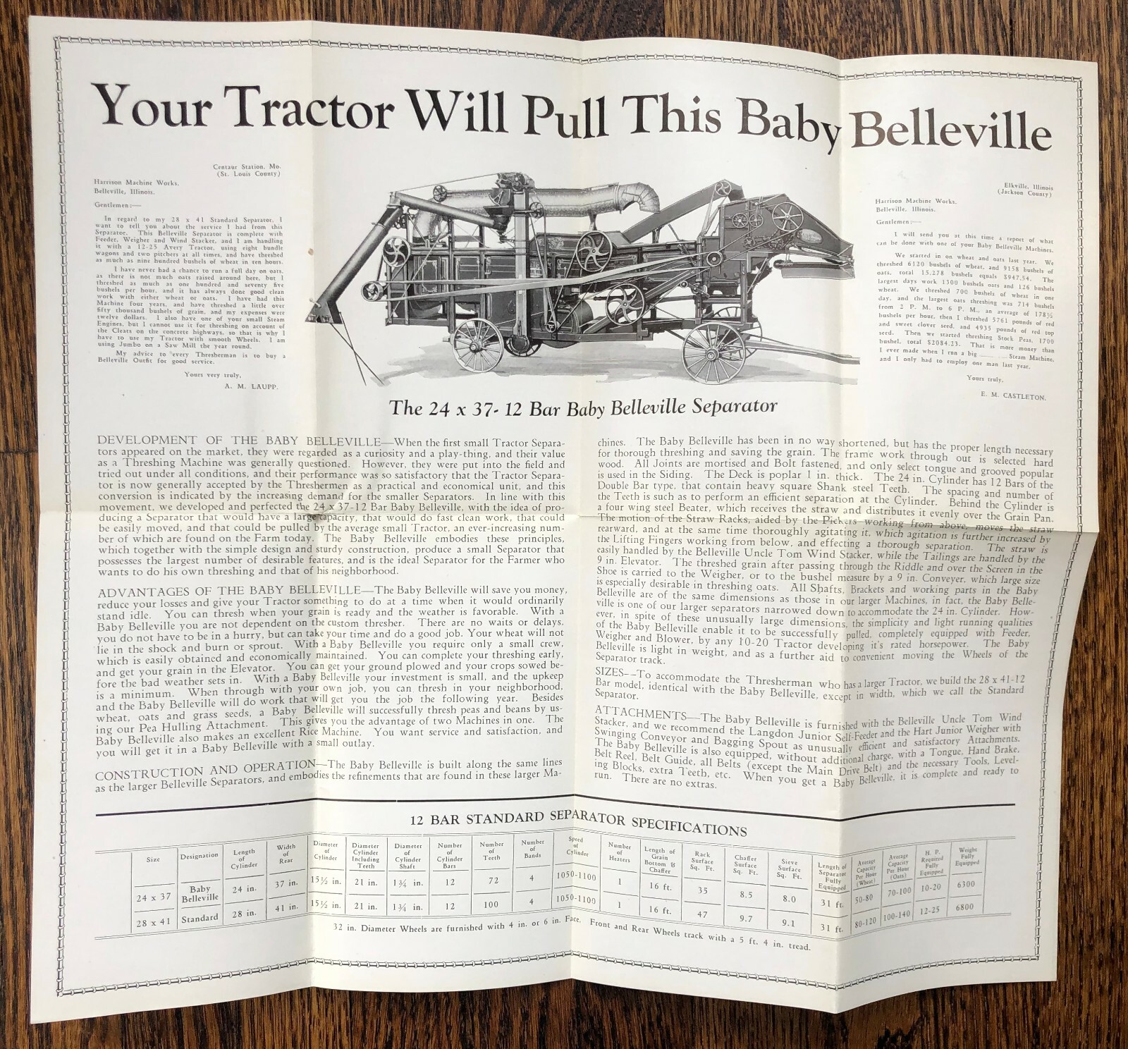 c 1920 BELLEVILLE Separator THRESHER Harrison FARM Machinery ANTIQUE Brochure