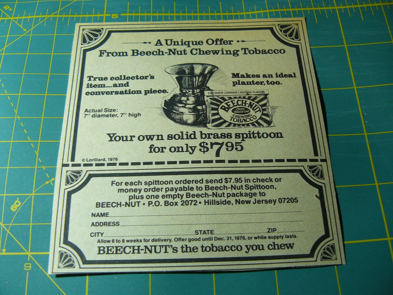 PROGRESSIVE FARMER -AD- JUNE 1976 – SOLID BRASS SPITTOON Beech-nut