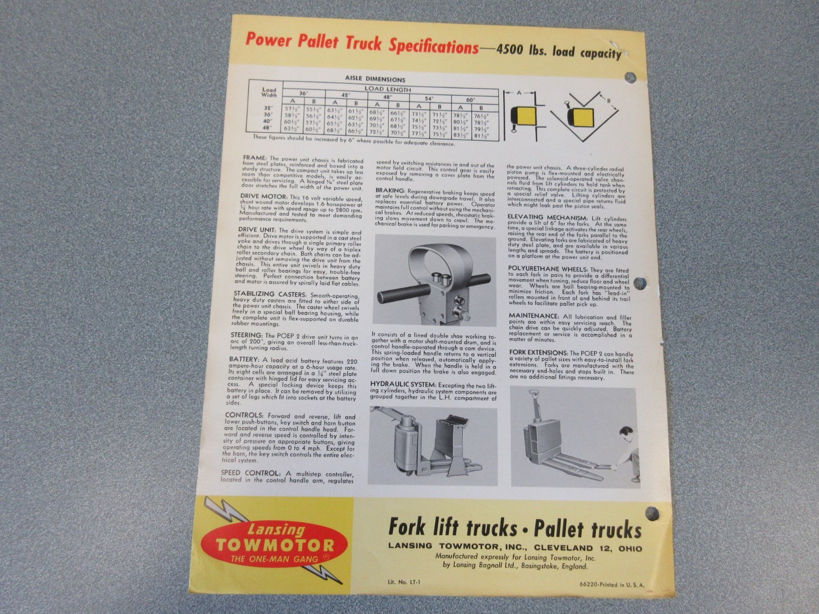 Old Towmotor Forklift Sales Sheet, 4500 Pound Pallet Truck