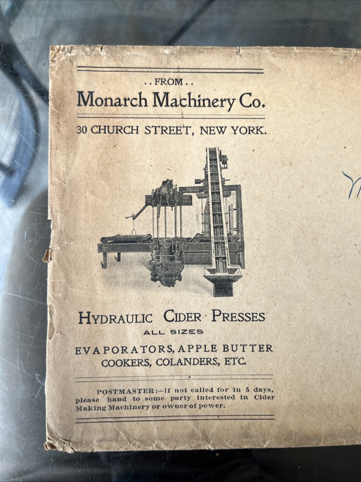 Antique Monarch Hydraulic Apple Cider Press Envelope, Bela Pa. Clarion Co.