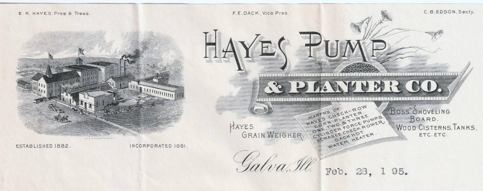 SUPER Hayes Pump & Corn Planter Co Galva Illinois- 1895 Bill letter head Cover