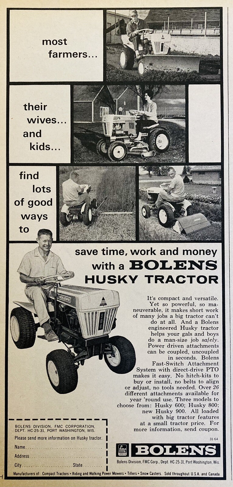1964 AD.(XH76)~FMC CORP. BOLENS DIV. PORT WASHINGTON, WIS. BOLENS HUSKY TRACTOR