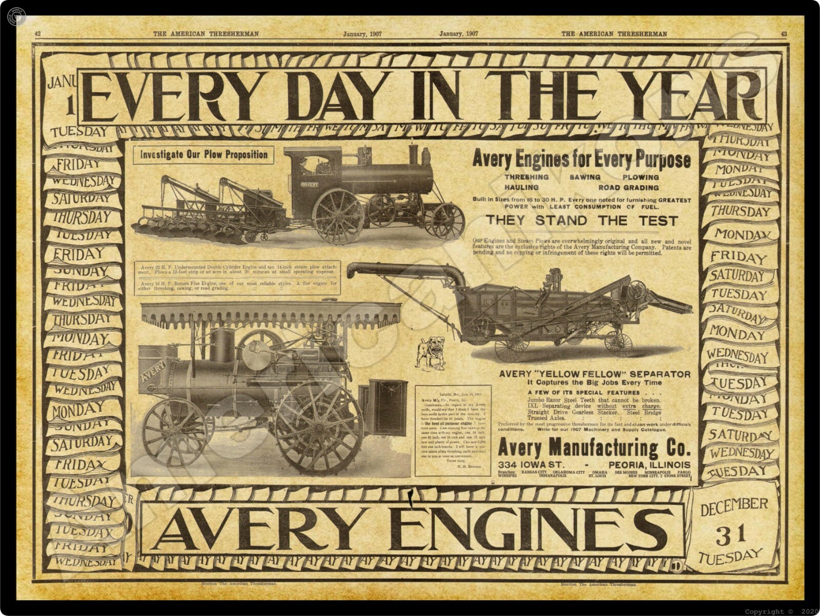 1907 Avery Mfg New Metal Sign: Traction Engines & Yellow Fellow Thresher, Peoria