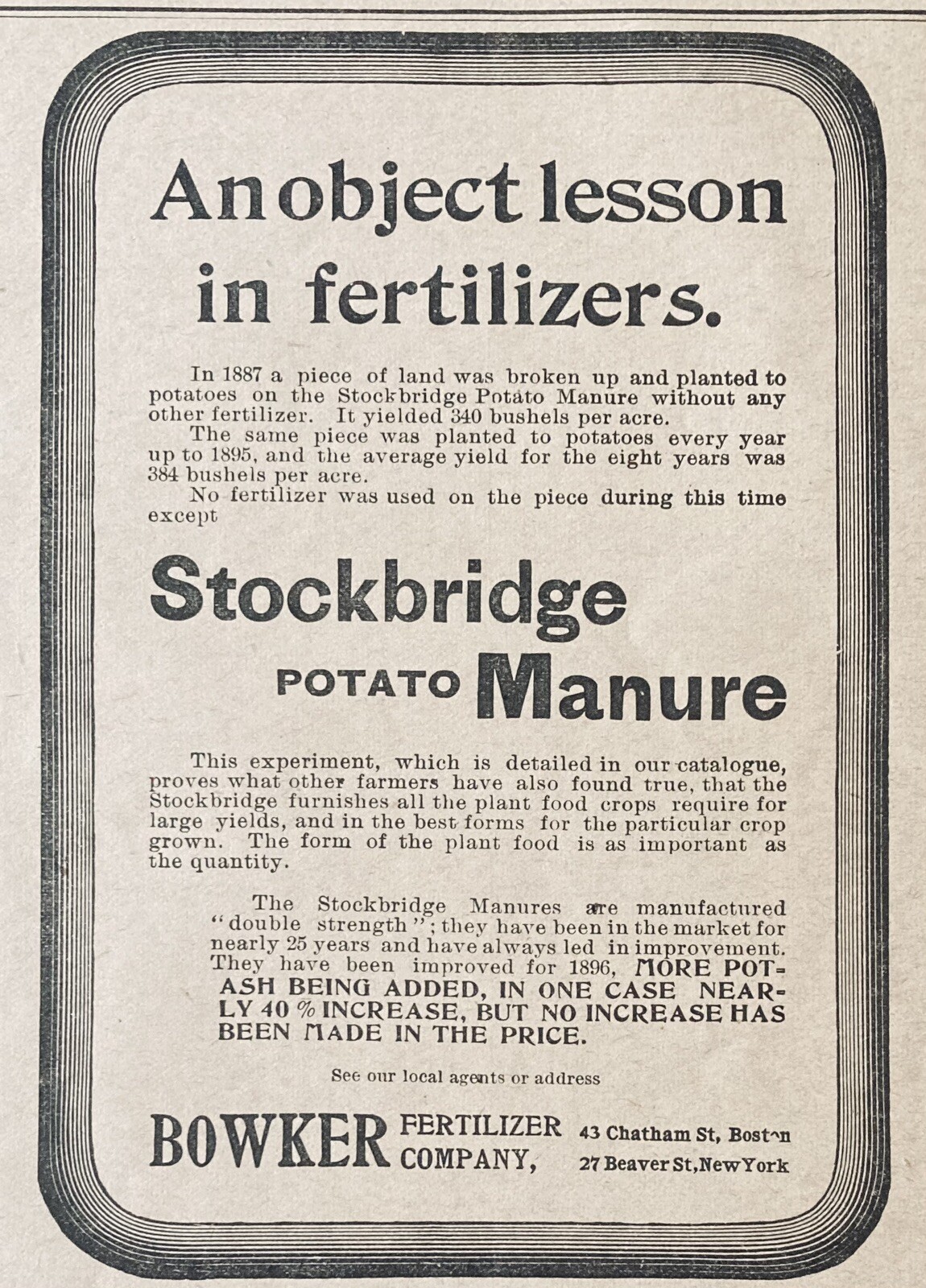 1896 AD.(XH44)~BOWKER FERTILIZER CO. BOSTON. STOCKBRIDGE POTATO MANURE