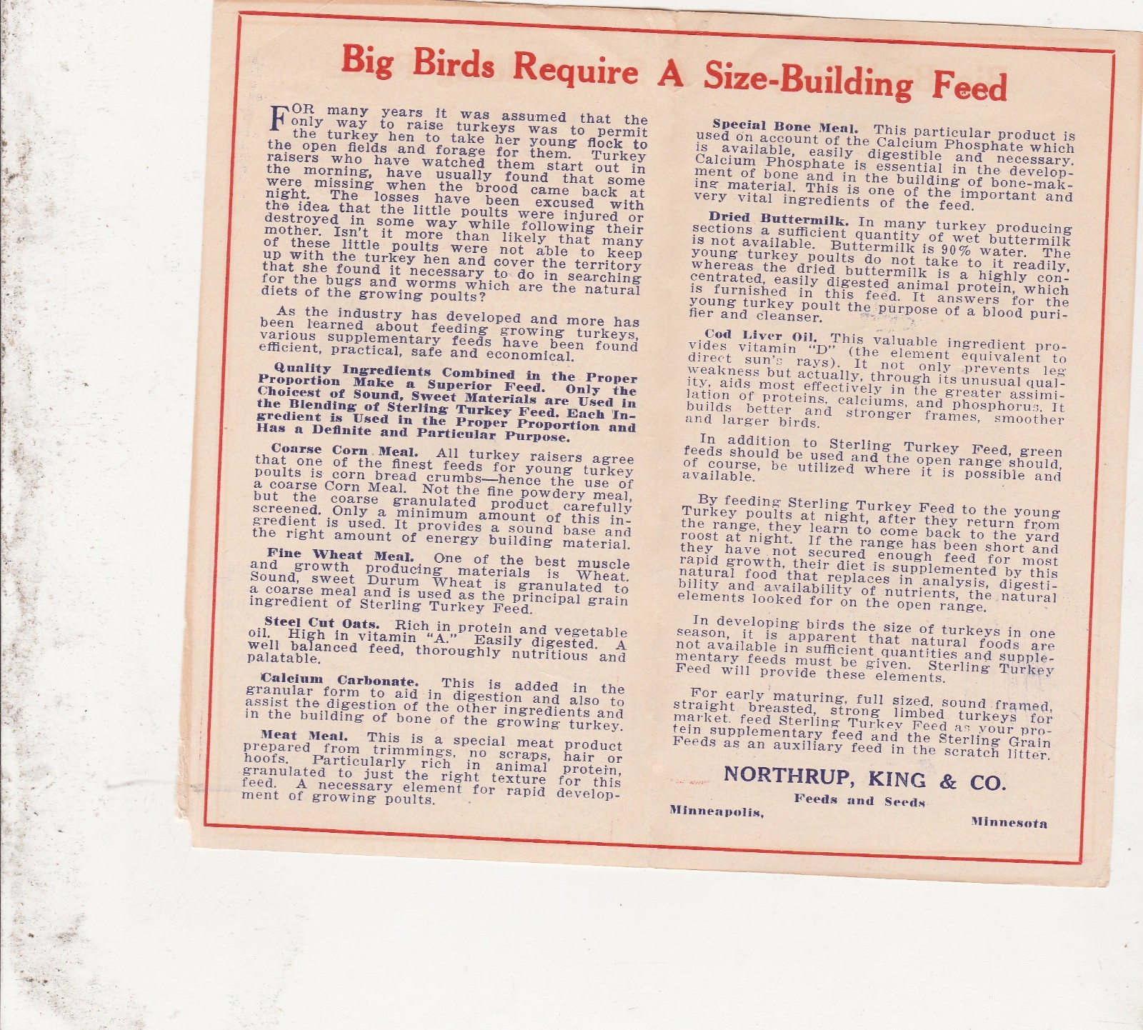 STERLING TURKEY FEED VINTAGE AD BROCHURE