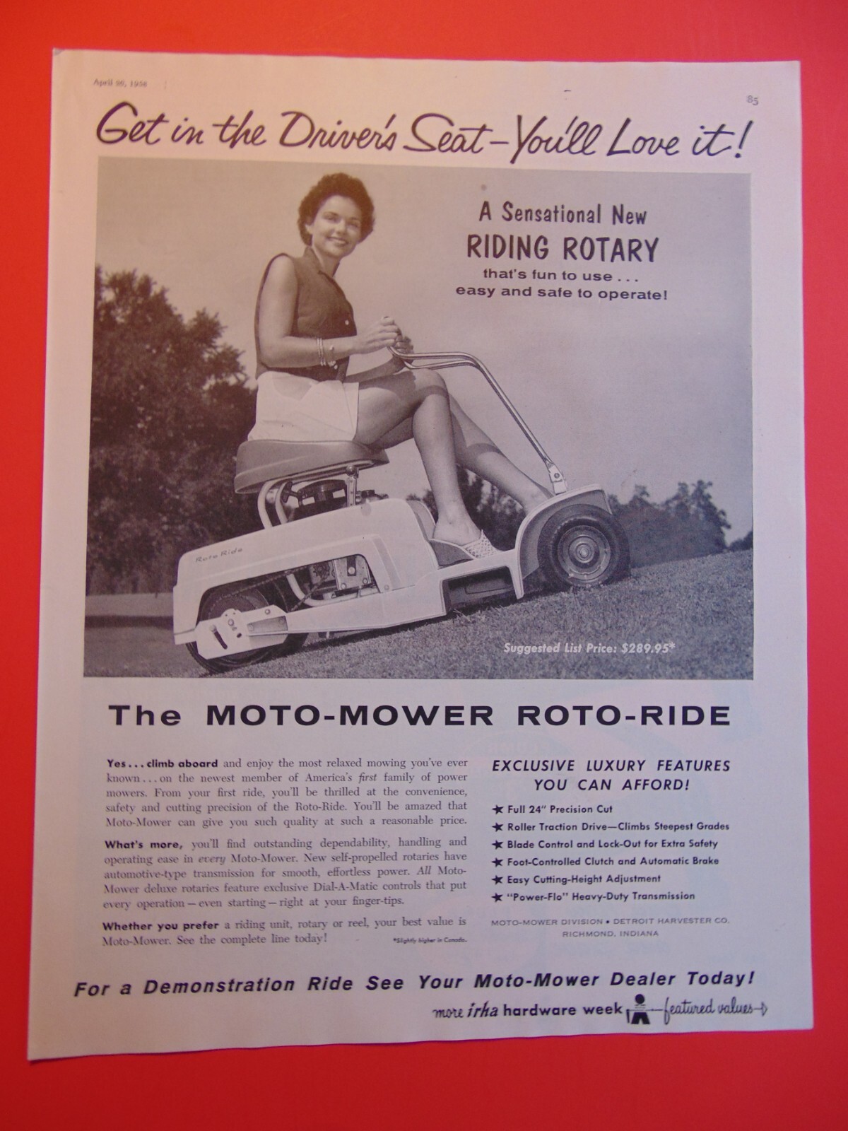 1958 MOTO-MOWER ROTO-RIDE Riding Lawn Mower photo art print ad